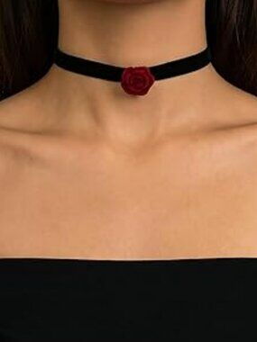 Black Velvet Choker with Mini Red Rose Goth Punk Rock Necklace